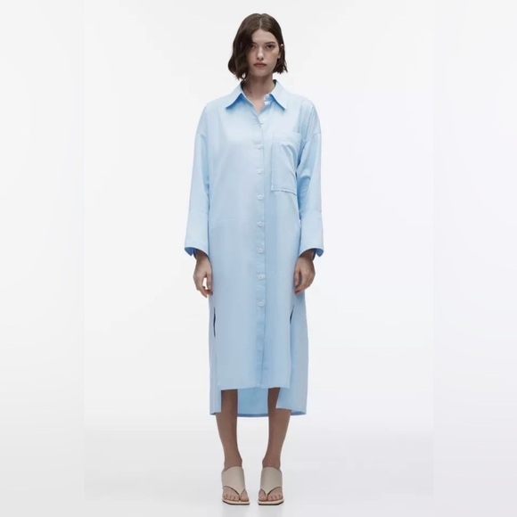 Zara Dresses & Skirts - ZARA POPLIN SHIRT MIDI DRESS  SKY BLUE Oversized Size Small